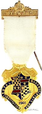 Знак RMIG 1945. STEWARD ROYAL MASONIC INSTITUTION FOR GIRLS – Королевский Масонский институт для девочек.